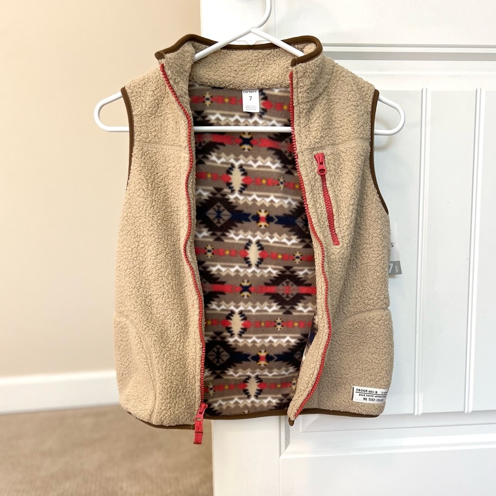 BRAND NEW Brown Patterned Fleece Vest Sz 7Y